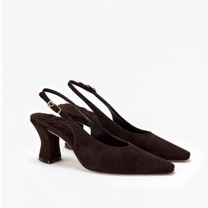 Dark Brown Suede Pointed Slingback Heels with Gold Buckle